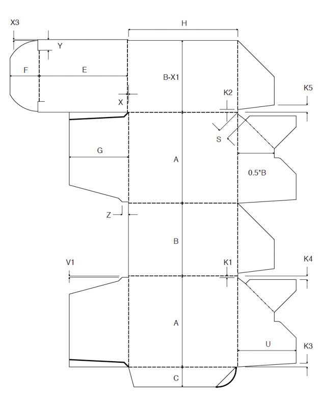 Faltschachtel Verpackung ECMA A6020 3 mit Automatikboden und Staublaschen technische Zeichnung